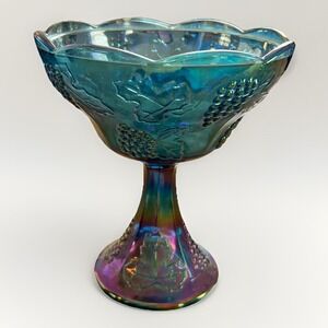 Vintage Indiana Blue Carnival Glass Harvest Grape Pedestal Compote Bowl Candy